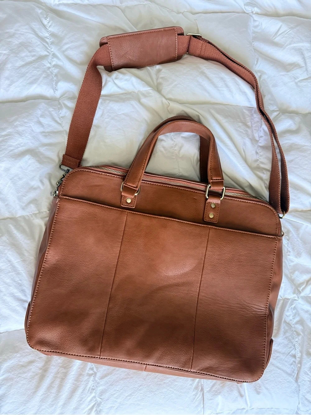 Tan Genuine Leather Men's Briefcase with Shoulder Strap